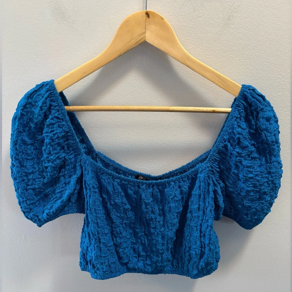 ZARA Cobalt Blue Textured Balloon Puff Sleeve Crop Top Boho Size Large NWT - Picture 4 of 11